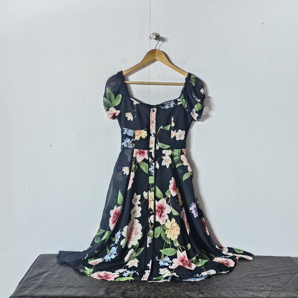 Yumi Kim Floral Black Pocket Dress size XS (Petite) Smock Back Sheer Puff Sleeve